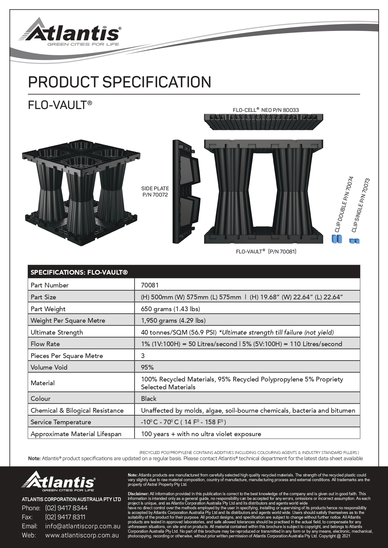 Flo-Vault spec sheet detailing product features, dimensions, and technical information.